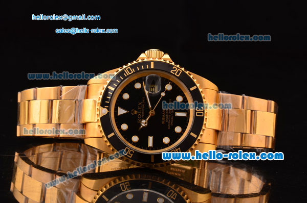 Rolex Submariner Swiss ETA 2836 Automatic Movement Gold Case with Black Bezel-Black Dial and Gold Strap - Click Image to Close